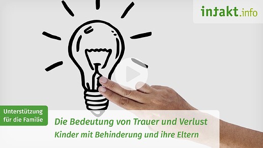 Eine schwarzweiße Glühbirne und Text: Unterstützung für die Familie. Die Bedeutung von Trauer und Verlust. Kinder mit Behinderung und ihre Eltern.