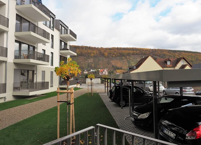 Eine neue Wohnanlage mit großen Balkons. Davor sind kleine frisch angepflanzte Bäume und Autostelleplätze. Im Hintergrund ist ein Hügel mit Bäumen